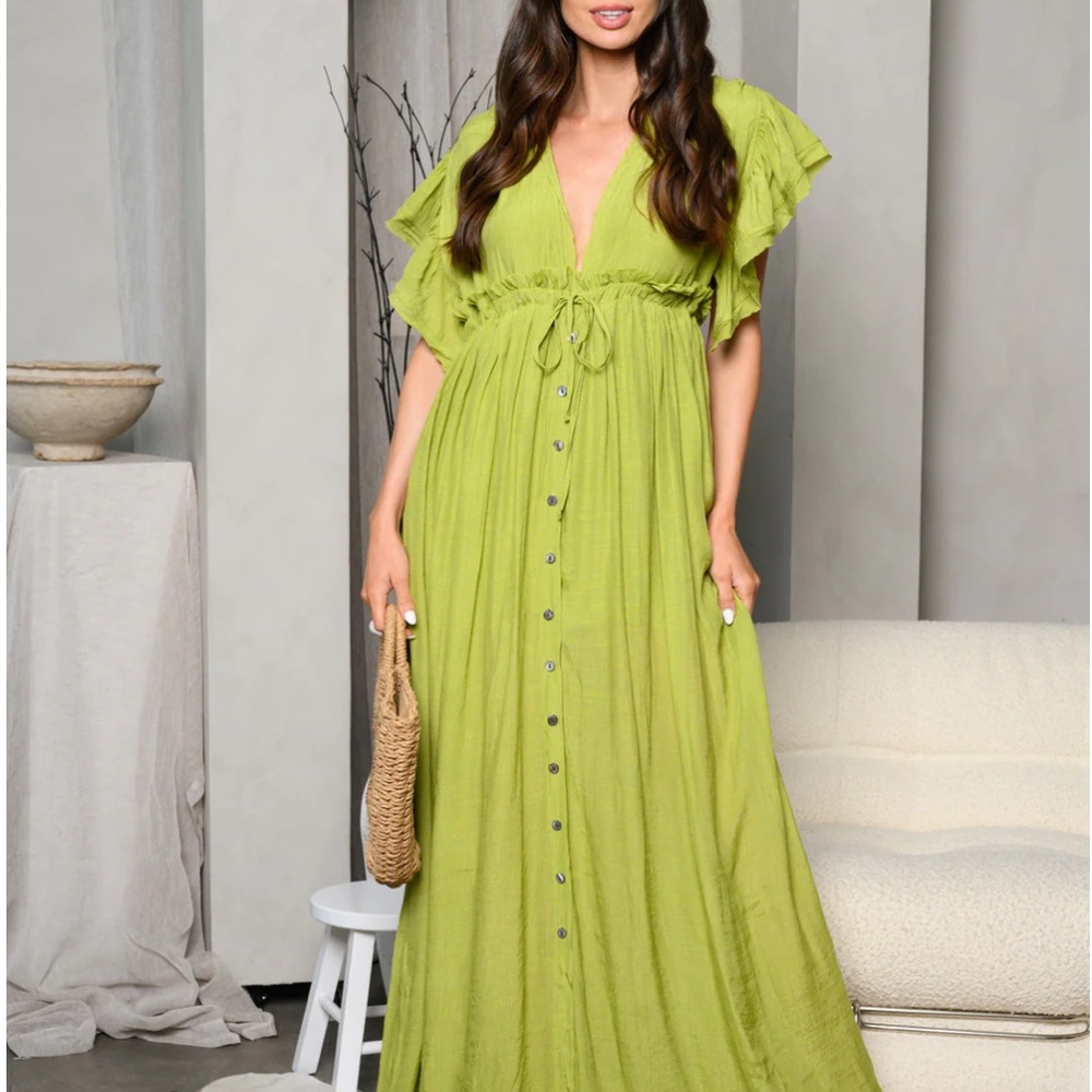 WOMEN'S SHORT RUFFLE SLEEVES V-NECK MAXI DRESS